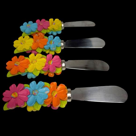 Set of 4 Flower Handle Spreaders Stainless Steel Colorful Cheese Butter Knives - Picture 2 of 6
